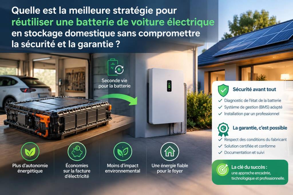 Quelle est la meilleure stratégie pour réutiliser une batterie de voiture électrique en stockage domestique sans compromettre la sécurité et la garantie